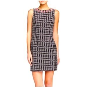 Trina Turk Linden Dress Black White Geometric Beaded Neck Sleeveless Sheath